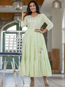 KAAJH Women Green Mirror Embroidered Pure Cotton Long Flared Ethnic Dress