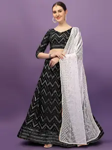 Amrutam Fab Black & White Embroidered Sequinned Semi-Stitched Lehenga Choli