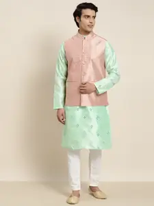 SOJANYA Men Sea Green Embroidered Mirror Work Kurta with Pyjamas & Nehru Jacket