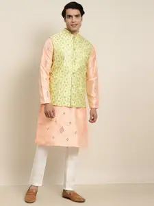SOJANYA Men Peach-Coloured Embroidered Mirror Work Kurta with Pyjamas & Nehru Jacket