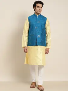 SOJANYA Men Yellow Mirror Work Kurta with Pyjamas & Nehru Jacket