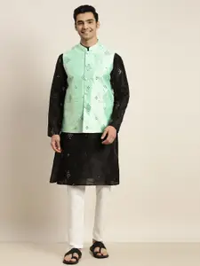 SOJANYA Men Black Mirror Work Kurta with Pyjamas & Nehru Jacket