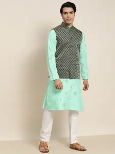 SOJANYA Men Sea Green Embroidered Mirror Work Kurta with Pyjamas With Nehru Jacket
