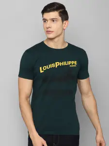 Louis Philippe Jeans Men Green & Yellow Typography Printed Slim Fit Pure Cotton T-shirt