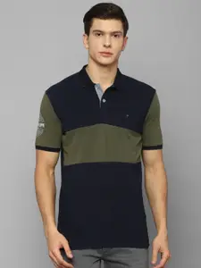 Louis Philippe Jeans Men Navy Blue & Olive Green Colourblocked Pure Cotton  T-shirt