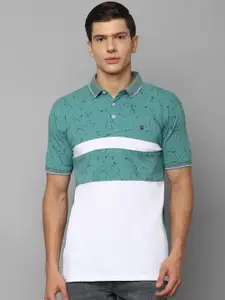 Louis Philippe Jeans Men White & Green Printed Polo Collar Slim Fit Pure Cotton T-shirt