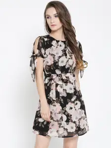 Sera Black & Peach-Coloured Floral Printed Fit and Flare Dress