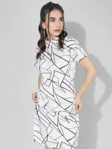 Selvia Women White Geometric Printed Scuba Sheath Dress