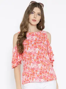 Sera Women Off-White & Pink Floral Printed Cold-Shoulder Pure Cotton Top