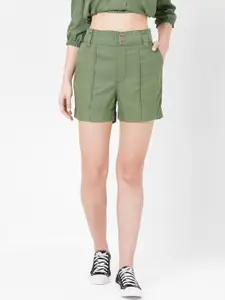 Kraus Jeans Women Olive Green Loose Fit High-Rise Tencel Shorts