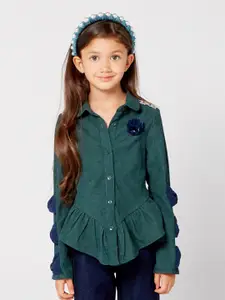 One Friday Girls Green Applique Shirt Style Top