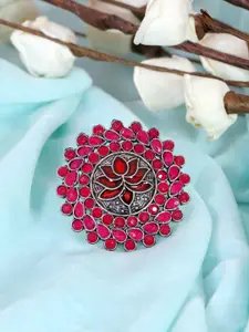 Crunchy Fashion Silver-Plated & Red Stone Studded Finger Ring