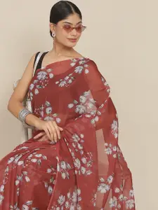Ishin Red Floral Printed Silk Blend Saree