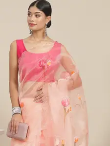 Ishin Peach-Coloured Floral Sequinned Organza Saree