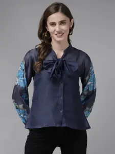 Bhama Couture Navy Blue Floral Print Tie-Up Neck Shirt Style Top