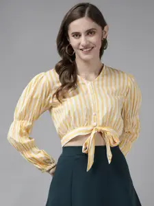 Bhama Couture Yellow & White Striped Bishop Sleeves Shirt Style Crop Top