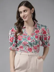 Bhama Couture Pink & Green Floral Print Wrap Crop Top