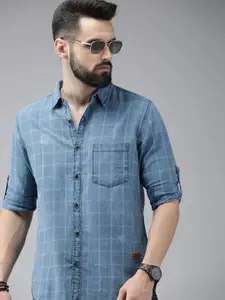Roadster Men Blue Pure Cotton Checked Casual Shirt