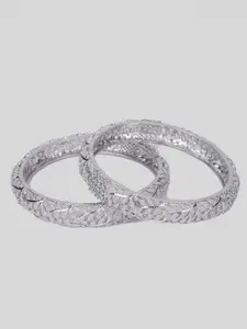 Nathany Jewels Pack Of 2 Silver-Plated Silver-Toned White CZ/AD Studded Bangles