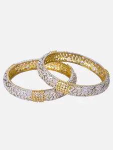 Nathany Jewels Pack Of 2 Gold-Plated Silver-Toned White CZ Stone-Studded Bangles