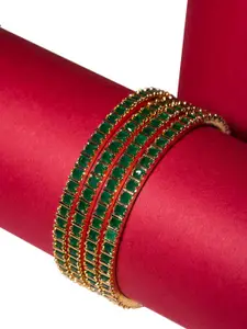 Nathany Jewels Set Of 4 Gold-Plated Green CZ Stone-Studded Bangle
