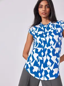 The Label Life White & Blue Mosaic Print High Neck Top