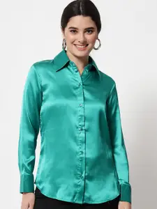 Orchid Hues Women Green Solid Satin Comfort Formal Shirt