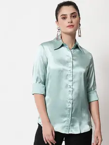 Orchid Hues Women Green Comfort Faded Satin Formal Shirt