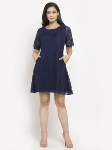 Just Wow Navy Blue Lace A-Line Dress