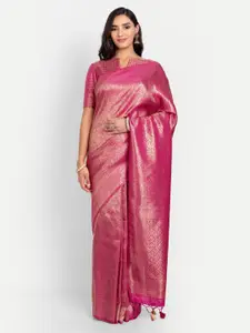Vardha Pink & Gold-Toned Woven Design Zari Silk Blend Kanjeevaram Saree