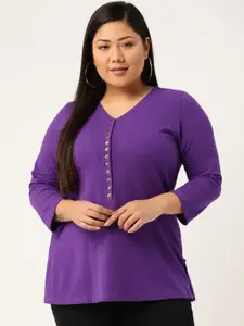 theRebelinme Women Plus Size Purple V-Neck Pure Cotton T-shirt