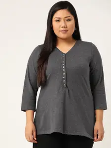 theRebelinme Plus Size Women Charcoal V-Neck A-Line Cotton T-shirt
