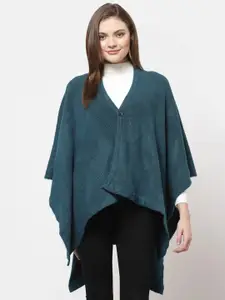 513 Women Teal-Blue Solid Knitted Poncho Sweater