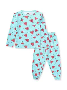 Cub McPaws Girls Turquoise Blue & Red Printed Night suit