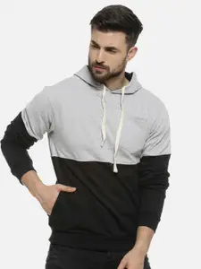Campus Sutra Men Black  & Grey Colourblocked Hooded Sweatshirt