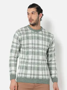 Campus Sutra Men's Sage Green Checked Textured Regular Fit Sweater For Winter Wear