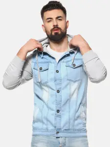 Campus Sutra Men Blue & Grey Washed Windcheater Outdoor Cotton Regular Fit Denim Jacket