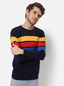 Campus Sutra Men Black & Blue Striped Pullover