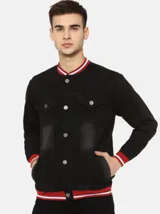Campus Sutra Men Black Washed Striped Windcheater Denim Jacket