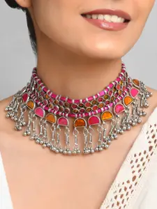 Fida Silver-Toned & Pink Silver-Plated Layered Necklace