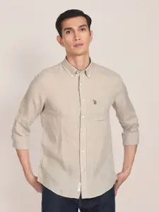 U.S. Polo Assn. Men Beige Linen Tailored Fit Casual Shirt