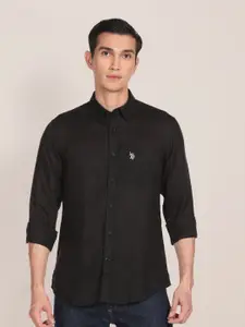 U.S. Polo Assn. Men Black Solid Linen Tailored Fit Casual Shirt