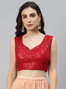 SHOPGARB Women Red Sequined Padded Saree Blouse