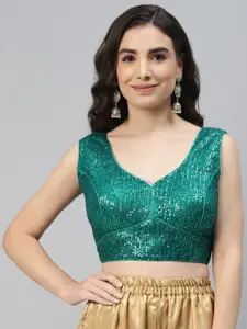 SHOPGARB Women Teal Green Sequined Padded Saree Blouse