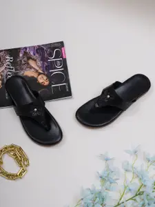Misto Women Black Embellished T-Strap Flats