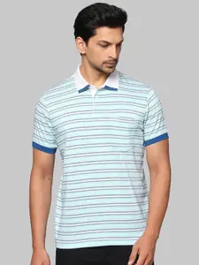 Park Avenue Men Sea Green Striped Polo Collar Slim Fit T-shirt