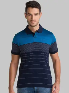 Parx Men Blue & Grey Striped Polo Collar T-shirt