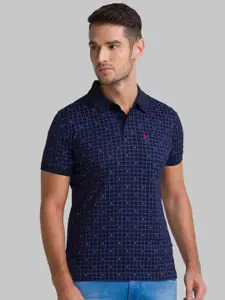 Parx Men Blue Checked Cotton Polo Collar T-shirt