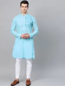 See Designs Men Turquoise Blue Floral Embroidered Thread Work Cotton Kurta