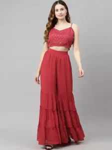 Purple State Women Maroon Floral Top with Palazzos